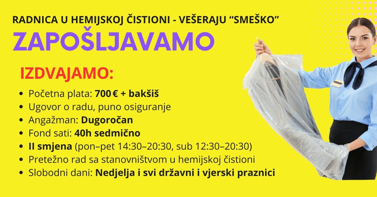 Vešeraj Smeško logo - Oglas za posao Radnik/ca u vešeraju Podgorica Crna Gora